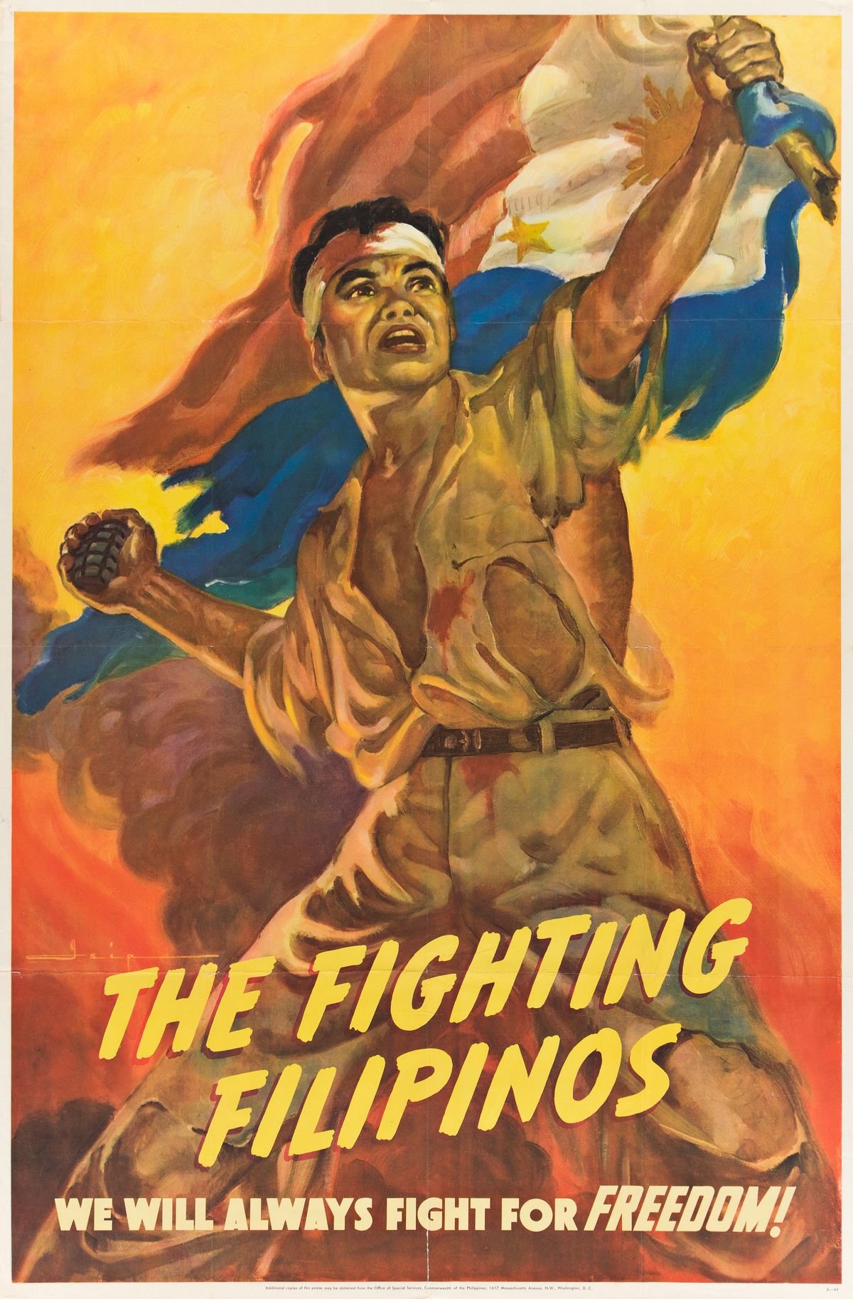 MANUEL REY ISIP (1904-1987).  THE FIGHTING FILIPINOS. 1943. 41x27 inches, 104x68½ cm. Office of Special Services, Washington D.C.